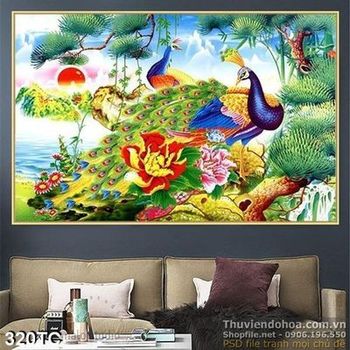 Tranh chim công 3d đậu trên cành cây psd