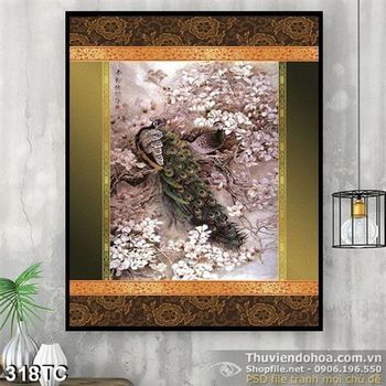 Tranh chim công psd và hoa đào nở màu trắng psd