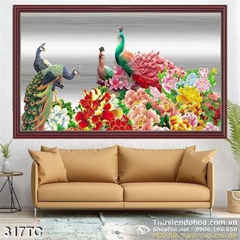 Tranh chim công phù điều và hoa mẫu đơn