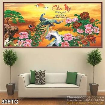 Tranh chim công cha mẹ mặt trời và hoa mẫu đơn