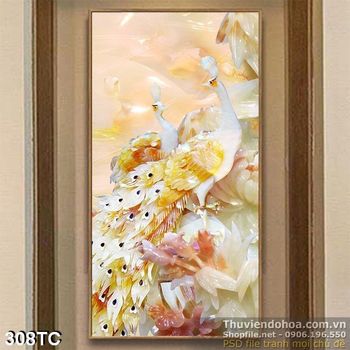 Tranh chim công khổ dọc 3d giả ngọc ấn tượng