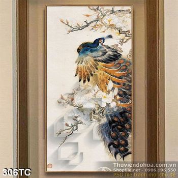 Tranh chim công  ngủ trên cành cây