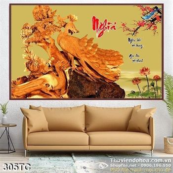 Tranh chim công nghĩa điêu khắc gỗ