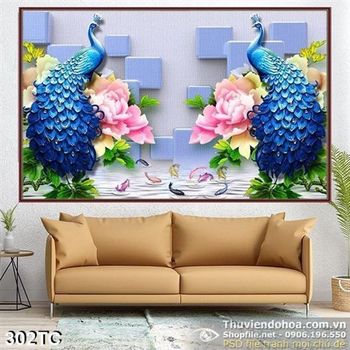 Tranh chim công màu xanh lam đứng trên hoa mẫu đơn 3d giả ngọc