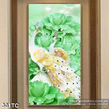 Tranh chim công khổ dọc 3d giả ngọc