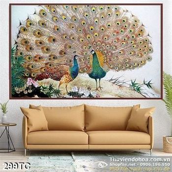 Tranh chim công đực xòe đuôi quyến rũ chim mái