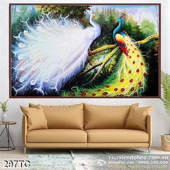 Tranh chim công xòe đuôi trắng tán tỉnh nhau psd