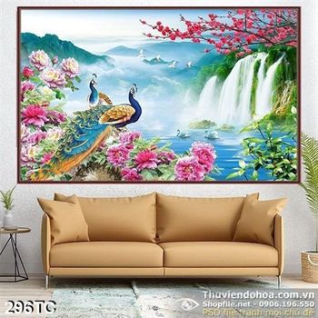 Tranh chim công hoa đơn và thác nước