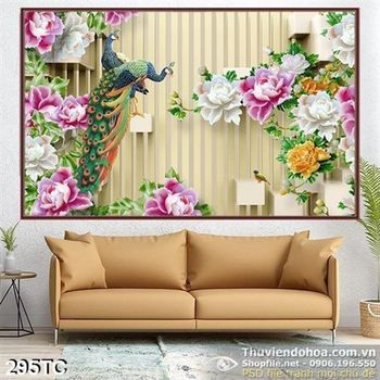 Tranh chim công 3d và hoa mẫu đơn 3d giả ngọc