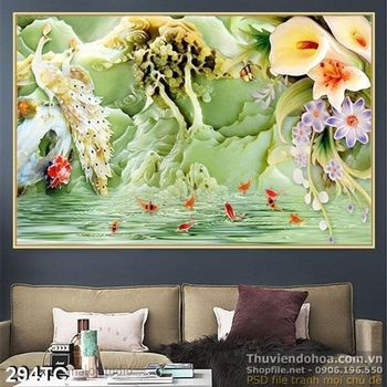 Tranh chim công giả ngọc và cá chép psd