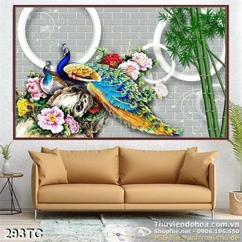 Tranh chim công 3d và bức tường gạch màu xám psd