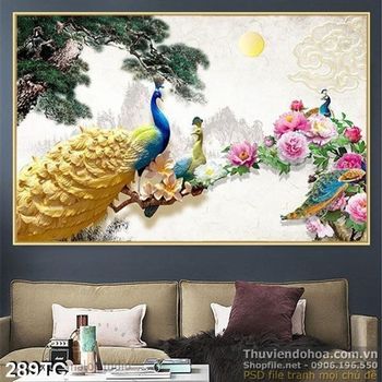 Tranh chim công màu vàng phù điêu đẹp