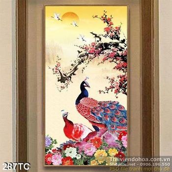 Tranh chim công khổ dọc và cành hoa đào 3d
