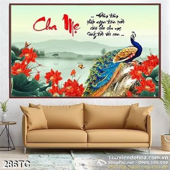 Tranh chim công cha mẹ và hoa sen đỏ in uv