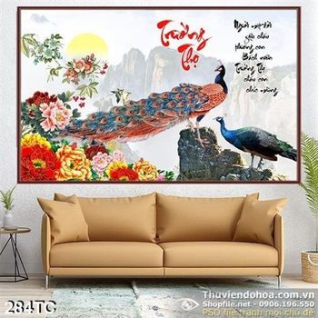 Tranh chim công trường thọ và núi non