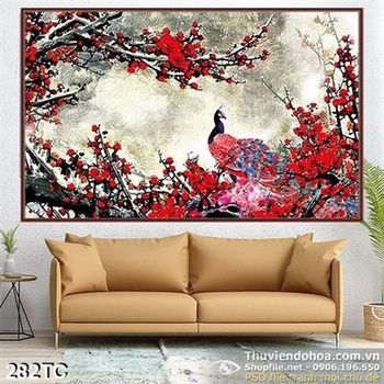 Tranh chim công và hoa đào đỏ đẹp wall