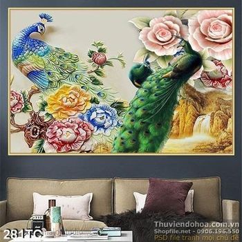 Tranh chim công màu xanh làm và thác nước nhỏ psd