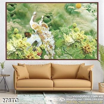 Tranh chim công màu trắng giả ngọc wall 3d psd