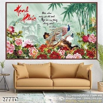 Tranh chim công hạnh phúc và cây tre già