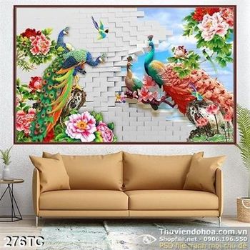 Tranh chim công chơi đùa trên bức tường gạch psd