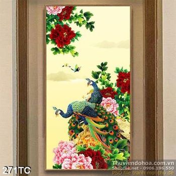 Tranh chim công khổ dọc và hoa mẫu đơn 3d