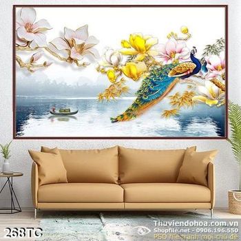 Tranh chim công và dòng sông êm đềm psd 3d