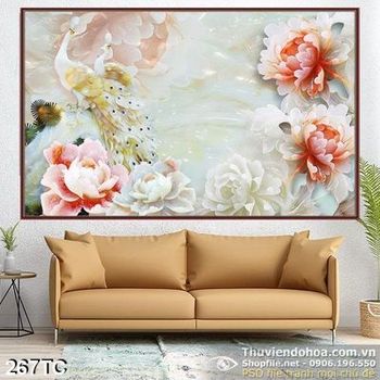 Tranh chim công màu trắng và hoa mẫu đơn giả ngọc