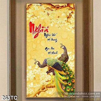 Tranh chim công nghĩa và cành hoa vàng