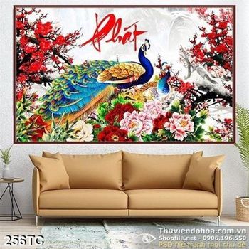 Tranh chim công phát và hoa đào đổ psd in uv