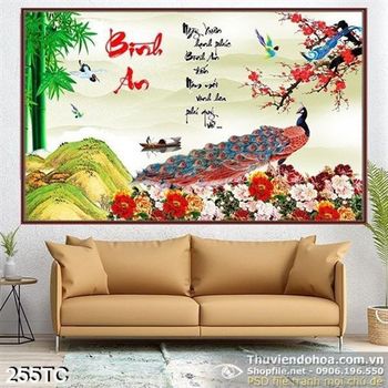 Tranh chim công bình an và con thuyền nhỏ psd