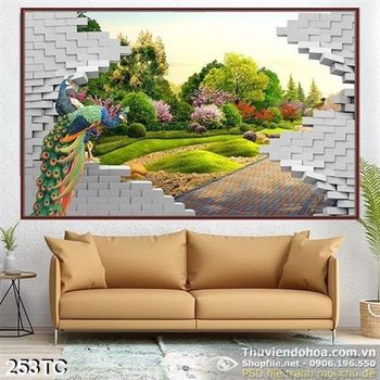Tranh chim công và bức tường gạch psd