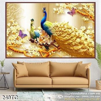 Tranh chim công khổ ngang phù điêu đẹp