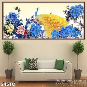 Tranh chim công đuôi vàng và hoa mẫu đơn màu xanh in uv psd