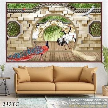 Tranh chim công và đám chim hạc giả ngọc dẹp 3d