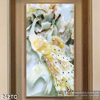 Tranh chim công trắng giả ngọc wall 3d