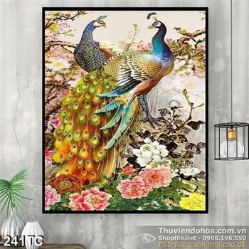 Tranh chim công tán tỉnh khỏe sắc và hoa mẫu đơn