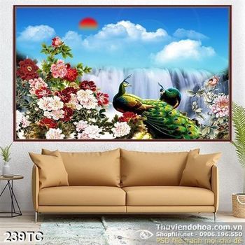 Tranh chim công và thác nước  hoa mẫu đơn đẹp 3d