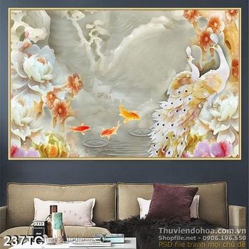 Tranh chim công trắng giả ngọc 3d và cá chép in uv