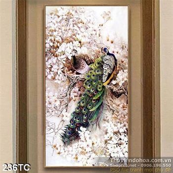 Tranh chim công hoa đào đẹp 3d