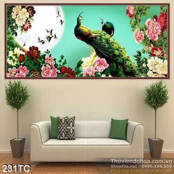 Tranh chim công ánh trắng khuya psd