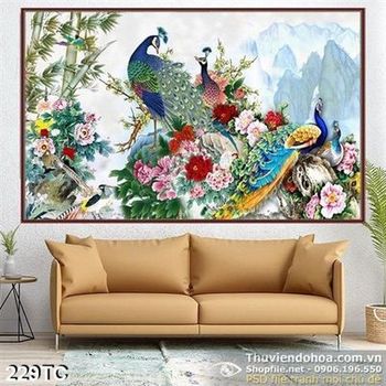Tranh chim công sơn thủy hữu tình wall 3d psd
