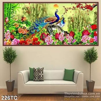 Tranh chim công hoa mẫu đơn và núi non psd 3d