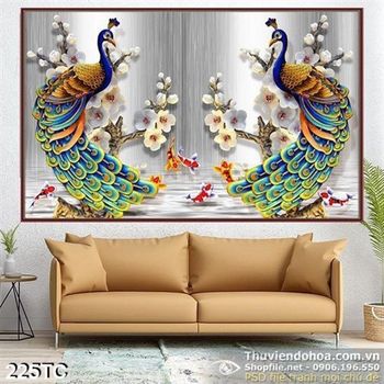 Tranh chim công ghép và cửu ngư quần hội 3d