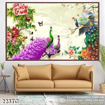 Tranh chim công xòe đuôi màu tím 3d ấn tượng