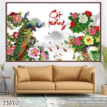 Tranh chim công cát tường hoa mẫu đơn