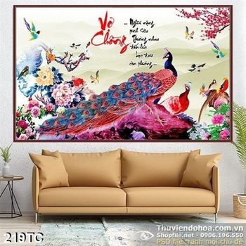 Tranh chim công vợ chồng màu hồng đẹp 3d