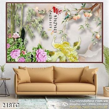 Tranh chim công màu vàng và quả  đầu 3d