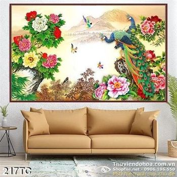 Tranh chim công chim công và những bụi hoa đẹp 3d