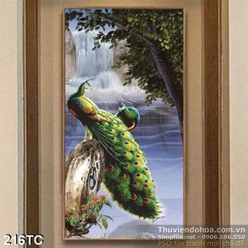 Tranh chim công ve vãn bên dòng nước psd 3d in uv
