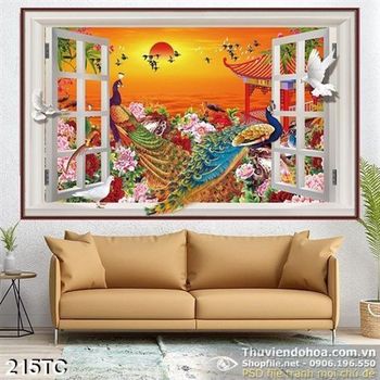 Tranh chim công bên cửa sổ và chú chim bồ câu trắng psd